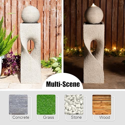 Glitzhome Outdoor Water Fountain, Outdoor Fountain with Pebbles, Pump and LED Light, 36.5" H Polyresin Modern Geometric Pedestal and Sphere Waterfall Fountain Water Feature for Garden, Patio, Yard - Image 5