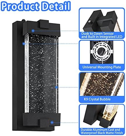 Black Wall Sconce with K9 Crystal Bubble and Dusk to Dawn Sensor, Exterior LED Wall Mounted Light, Modern Porch Lantern, Light Fixture for Indoor and Outdoor - Image 3