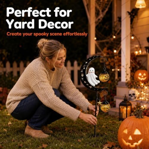 Halloween Solar Garden Stake Light Crescent Moon Cute Ghost - Image 6