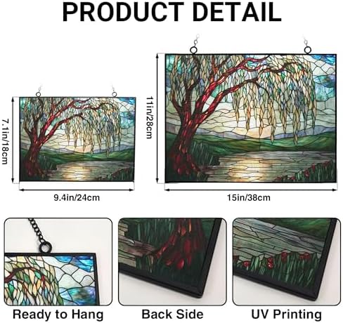 Art Nouveau Willow Pond Tree Stained Glass Window Hanging, Colorful Sun Catchers Glass Panel Rectangle Suncatcher Decor for Birthday for Women, Men, Wife, Aunt, and Mom 15"x11" - Image 3