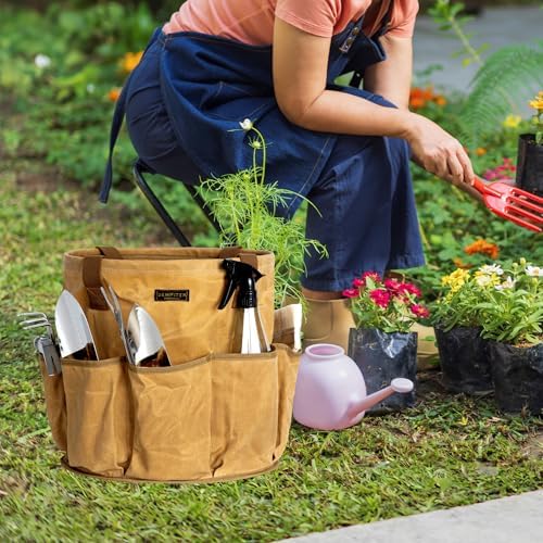 Heavy-Duty 16oz Waxed Canvas Garden Tool Tote with Handle, Wide-Mouth Open Top Design 12.5 inch Tool Bag | Khaki - Image 5