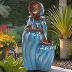 Faux Ceramic Outdoor Water Fountain with LED Lights, 3-Tier Cascading Water Feature, 30" Turquoise Wave-Texture Garden Fountain with Waterfalls for Garden, Patio, Deck, Porch by USSerenaY