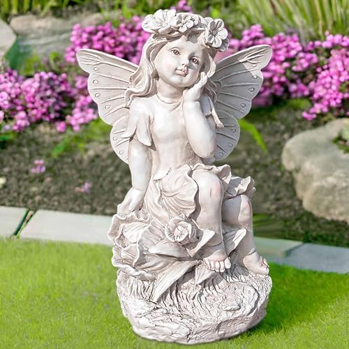 Fairy Garden Statue, Sitting Resin Fairy Figurine, 12.8 Inch by PlentifulHome