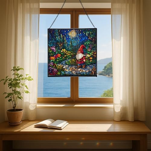 Twilight Garden Gnome Stroll Stained Glass Suncatcher – Square Hanging Window Panel for Home or Greenhouse – Whimsical Glass Art Gift for Garden Lovers, Christmas, Halloween, Father Days Ye2sh0 - Image 6