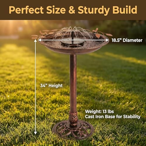 Metal Bird Bath with Solar Fountain Pump & LED Lights, 34" Tall Iron Birdbath for Outdoors, Heavy Duty Cast Iron Pedestal Bird Bath for Garden Yard Patio Lawn Deck, Bronze Finish - Image 7