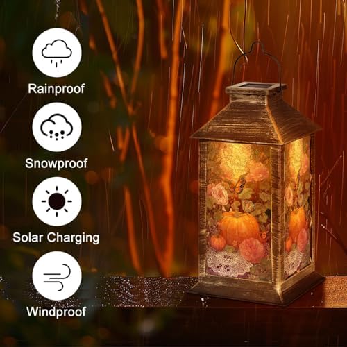 Solar Lantern Rustic Stained Glass Pumpkin Fall Butterfly Pumpkins Wildflower Outdoor Garden Hanging Lantern Waterproof Solar Powered Lighting Outside Table Lamp for Deck Yard Camping Patio Decor - Image 5