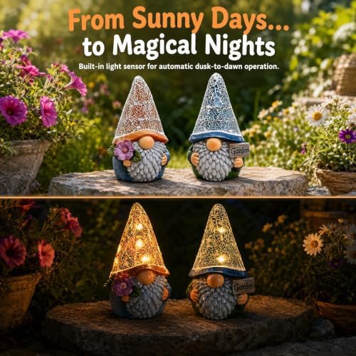 Solar Garden Gnome Statue with Crystal Mosaic LED Hat, Outdoor Decor - Image 2