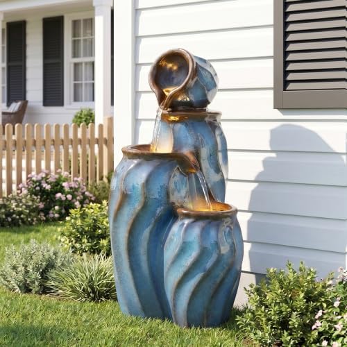 29.5" Outdoor Garden Water Fountain, 3-Tier Ceramic-Look Waterfalls by Dephet