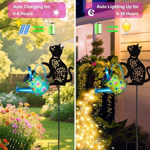 Black Cat Solar Watering Can Lights, Birthday Gifts for Women Mom Christmas Mother's Day, Yard Decorations Outdoor Waterproof, Blue Metal Hanging Lantern, Solar Lights Garden Decor Patio Pathway - Image 3