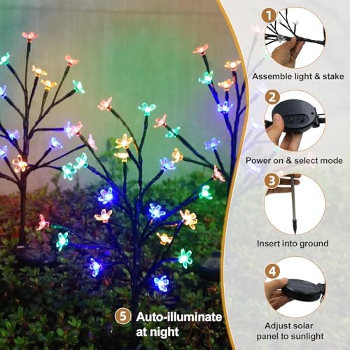 Solar Garden Lights Outdoor Garden Decor, 4 Pack Cherry Blossom Solar Flowers Outdoor Waterproof Fairy Solar Lights, Outside Yard Decorations for Patio Pathway Decor, Gardening Gifts for Women Mom - Image 2