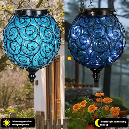 Solar Hanging Lantern Outdoor Garden Lights, Round Glass and Metal Hanging Lantern, 15 Firefly LED Lights, 7 x 20 Inch (Blue) - Image 5