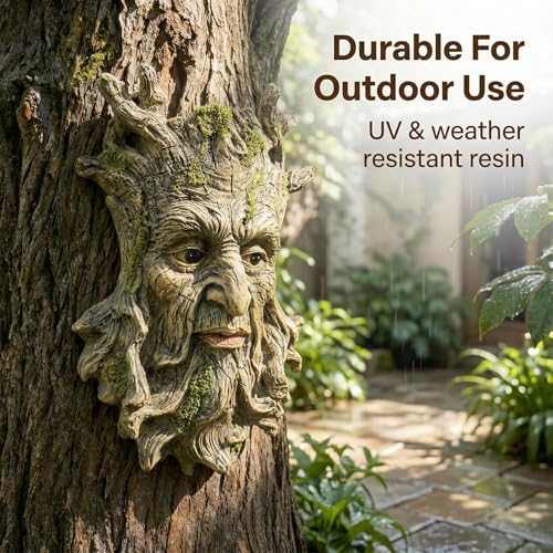 Tree Face Statue Outside Yard Outdoor Decoration, Fairy Tree Face Decor and Yard Decorations Clearance, Whimsical Wallmount Old Man Art with Moss, Fence Hanging Sculpture Orantments, 6.7" x x 9.8" - Image 2
