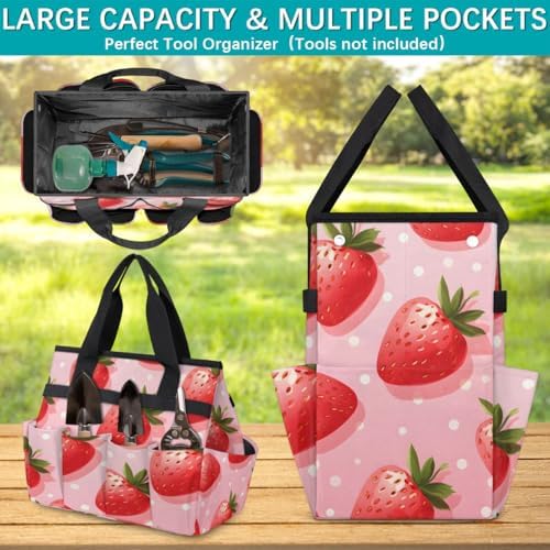 Strawberry Garden Tool Bag Organizer Heavy Duty Summer Fruit Gardening Tote Bag with 10 Pockets for Women Men Gardening Gifts - Image 4