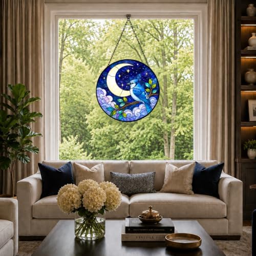 Blue Jay Moon Stained Glass Window Hanging with Metal Chain - Image 5