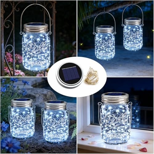 VOOKRY 12 Pack Solar Mason Jar Lights, 30 LED Mason Jar Lids Waterproof Firefly Fairy String Lights with 12 Hangers(No Jars), for Outdoor Patio Garden Yard Lawn Party Wedding Decoration - Cool White - Image 7