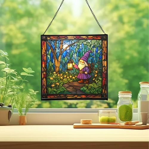 Gnome with Lantern Stained Glass Suncatcher – Square Hanging Window Panel for Home, Garden, Nursery, Halloween, Christmas, Memorial Day – Whimsical Glass Art Gift for Gnome Lovers k7q0lr - Image 2