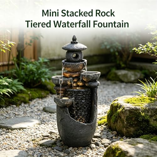 Tankana Zen Tiered Rock Water Fountain Outdoor, Stone Look Cascading Indoor Waterfall Fountains with Built-in Warm LED Lights, Japanese Tabletop Fountain for Patio Balcony Yard Meditation Decor - Image 4