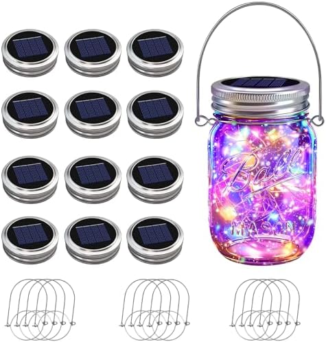 VOOKRY 12 Pack Solar Mason Jar Lights, 30 LED Mason Jar Lids Waterproof Firefly Fairy String Lights with 12 Hangers(No Jars), for Outdoor Patio Garden Yard Lawn Party Wedding Decoration - Multicolor by VOOKRY