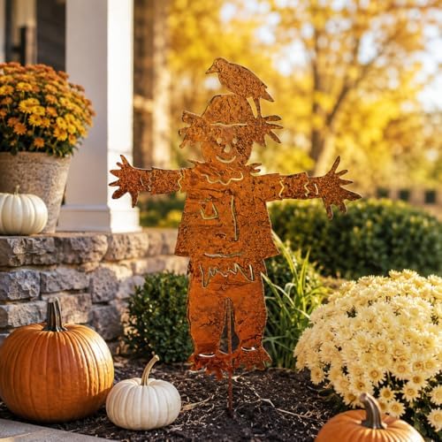 Rust Finish Metal Scarecrow Garden Stake, 27.4 Inch Fall Yard Art Decor, Flat Outdoor Lawn Ornament for Planters Flower Beds Patio - Image 7
