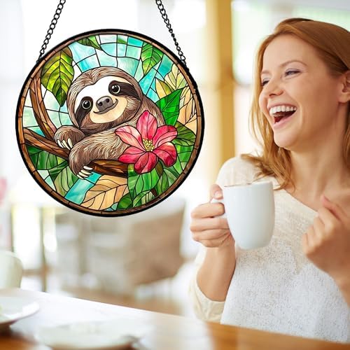 Stained Glass Window Hanging Sloth Flower Suncatcher Gifts for Women 15" - Image 4