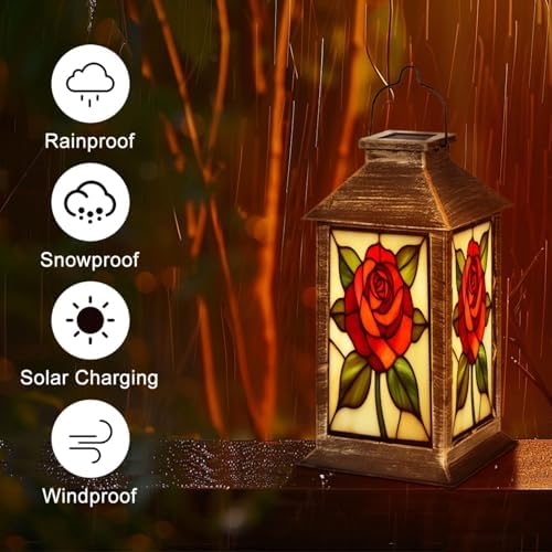 Solar Lantern Rose Floral Stained Glass Night Light Petals Outdoor Garden Hanging Lantern Waterproof Solar Powered Lighting Outside Table Lamp for Deck Yard Camping Patio Decor - Image 5