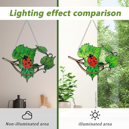 Plant Suncatcher Glass, Stained Glass Suncatcher Plant Window Hanging, Unique Nature Lover Gifts Leaf (Leaves & Ladybug) - Image 5