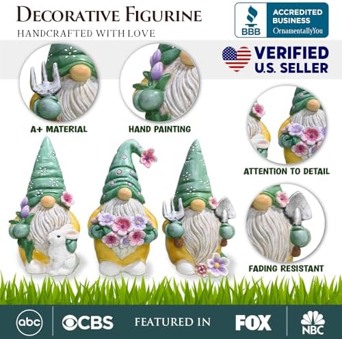 Spring & Summer-Themed Garden Statues – Adorable Outdoor Decor for Lawn, Patio & Porch (Garden Guardians Set of Three 6" Gardening Gnome Figurines, Floral Green and Yellow Statue Decor) - Image 2