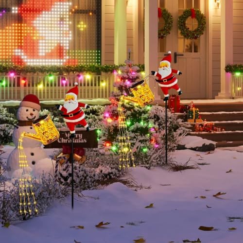 2 Pack Solar Christmas Lights Outdoor - Creative Santa Claus with Watering Can Solar Lights, Metal Waterproof Garden Stake Lights for Yard, Lawn, Patio, Pathway Holiday Decor (Warm White) - Image 2