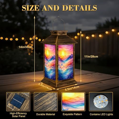 Solar Lantern Outdoor Waterproof Colorful Abstract Watercolor Wildflower Aesthetic Landscape Mountain Garden Decor LED Solar Lights Hanging/Tabletop Lamp Gifts for Women Mom for Outside Yard Patio - Image 2