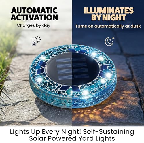 Bell+Howell 4 Pk Mosaic Solar Lights Outdoor LED Disk Pathway Lights, Blue - Image 4