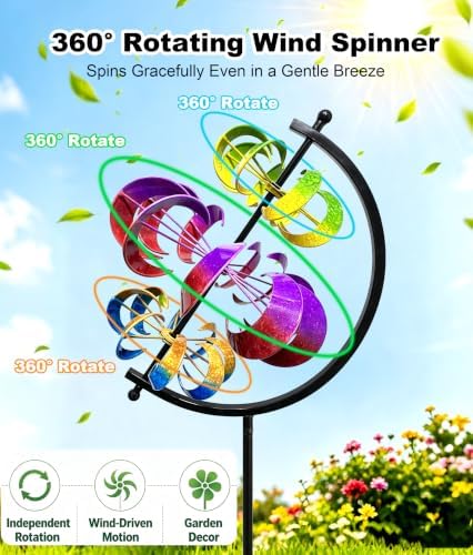 63 in Large Wind Spinners Outdoor, Rainbow Globe Wind Sculpture, - Image 2