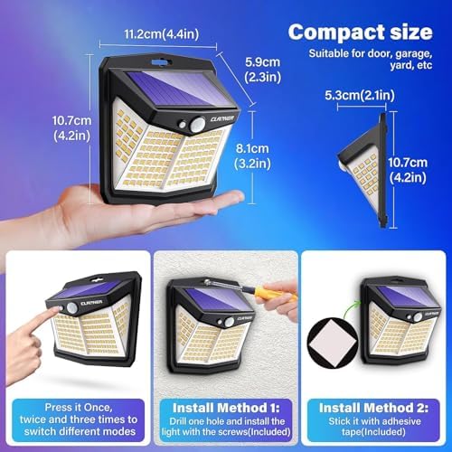 CLAONER Solar Motion Sensor Lights Outdoor, 12 Pack Solar Fence Lights IP65 Waterproof, Bright 128 LED Security Flood Lights with 270°Wide Angle, 3 Lighting Modes Motion Light for Outside, Warm White - Image 6