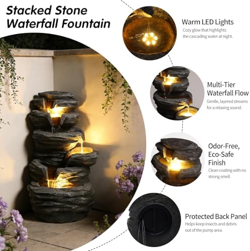 25.6''H Rock Waterfall Outdoor Fountain with LED Lights, Multi Tier Cascading Outdoor Water Fountain, Home Art Décor for Patio Lawn Backyard, Easy Assembly, Grey - Image 7
