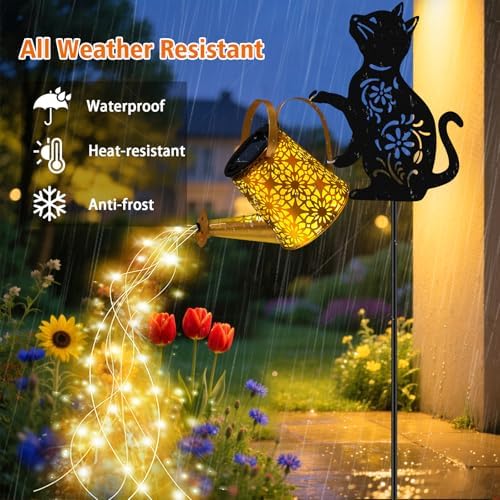Solar Watering Can Lights, Cat Hanging Lantern Solar Lights Outdoor, Cat Lover Gifts for Mom Women Birthday Mother's Day Christmas, Waterproof Garden Decor Outside Patio Yard Pathway Backyard - Image 3