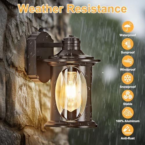 OKELI 2-Pack Dusk to Dawn Outdoor Wall Lights, Black Exterior Lighting Fixture Wall Sconces with E26 & Tempered Glass, Rust Resistant Outside Lantern Lights Wall Mounted for Porch(Brown) - Image 3
