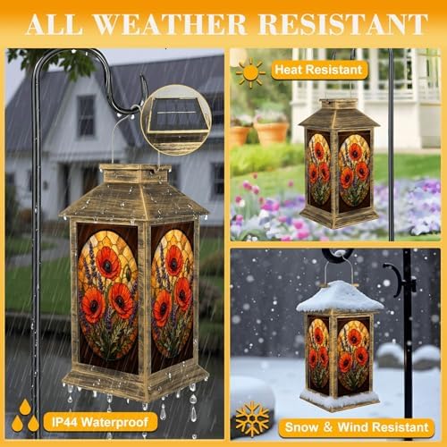 Solar Lantern Outdoor Waterproof Stained Glass Lavender Floral Warm Orange Green Tones Garden Decor LED Hanging Solar Lights Tabletop Lamp Gifts for Women Mom Outside Yard Patio Porch - Image 3