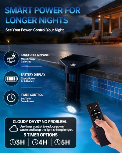 Solar Pool Lights with Thermometer&Battery Display, Solar Powered Underwater Light for Inground&Above Ground Pools, Bright White Safety Lighting for Night Swimming, Remote Control, IP68 Waterproof - Image 3