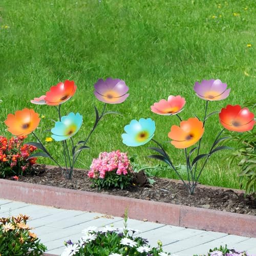 Yaocom 2 Pack Metal Flowers for Outdoor, Decorative Garden Stakes Yard Art, Outdoor Spring Garden Stake Summer Decor Bouquet of Poppy Flower Rustic Handcrafted Items for Lawn Porch Fence(Colorful) by Yaocom
