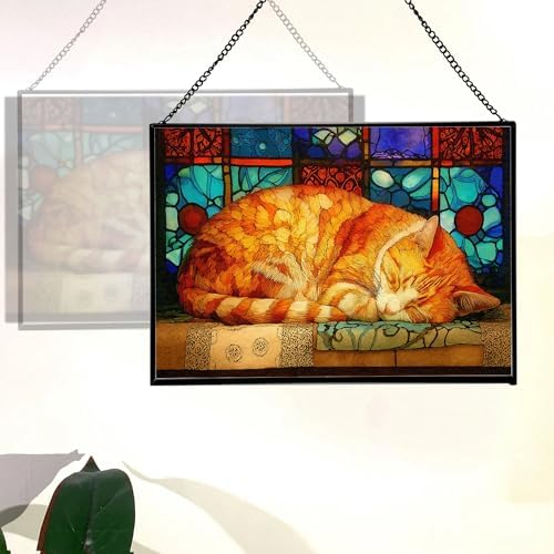 Sleeping Cat Curled in Window Light Rectangular Stained Glass Suncatcher – Hanging Window Panel with Animal & Nature Scene – Vibrant Glass Art Gift for Wildlife, Fantasy, Nature Lovers VzIeu5 - Image 3
