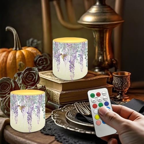 Pack of 4 Flameless Candles with Remote Battery Operated Candles with Timer Waterproof Flameless Pillar Tea Lights for Indoor Outdoor Wedding Home Decorations, Purple Floral Hummingbird - Image 3