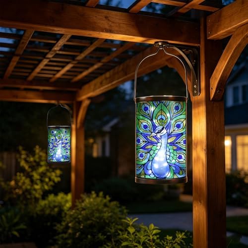 MUMTOP Peacock Glass Solar Lantern Waterproof Outdoor Hanging Garden Light - Image 4