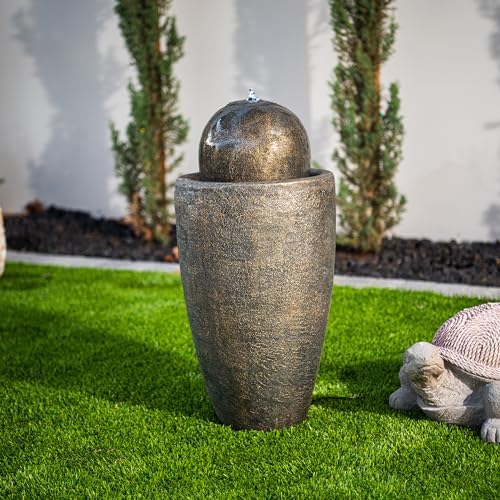XBrand 25.98" Modern Sphere Water Fountain with LED Light – Indoor Outdoor Stone Texture Floor Fountain, Zen Bubbling Ball Water Feature for Garden Patio Porch - Bronze - Image 3