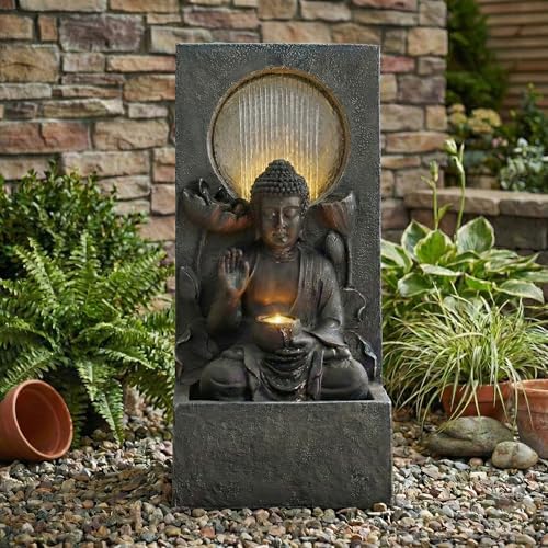 28 Inch Zen-Style Buddha Fountain, Freestanding Water Feature for Outdoor by Noeko