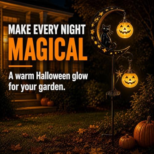 Halloween Solar Garden Stake Light Outdoor Halloween Decorations with Crescent Moon Black Cat Glowing Pumpkin Lantern Waterproof Metal Yard Decor Auto On/Off for Garden Lawn Pathway and Porch - Image 2