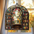 Autumn Library Acrylic Suncatcher 8 Inches, Fall Decoration Indoor Outdoor, Bedroom Porch Decor, Stained Glass Effect Window Hanging, Floral Bookshelf Ornament, Book Lover Gift for Her by XISZYS