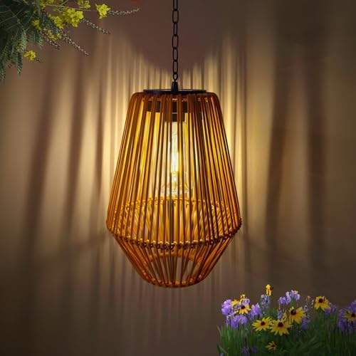 Livinlarge Rattan Solar Lantern Waterproof,Hanging Chandelier Lights Patio Porch Garden Farmhouse Decoration Rustic Handmade Outdoor Wicker Pendant Lamps - Image 7