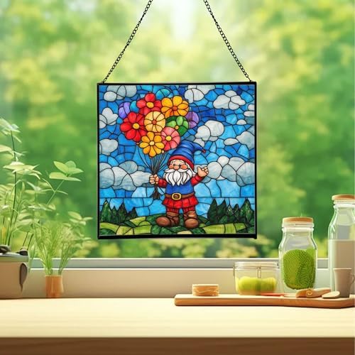 Balloon Bouquet Gnome Stained Glass Suncatcher – Square Hanging Window Panel for Home or Greenhouse – Whimsical Glass Art Gift for Garden Lovers, Christmas, Halloween, Father Days 6StD07 - Image 2