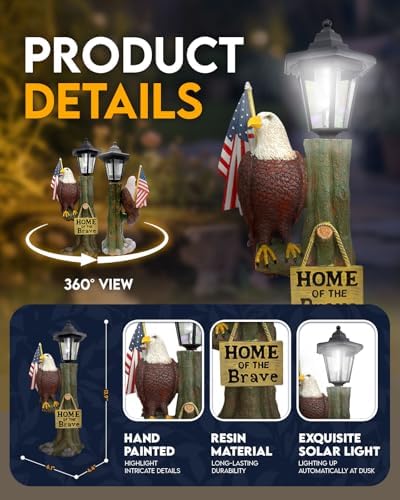14x6 Inch Eagle Outdoor Solar Statue, Resin Garden Decor Outdoor Waterproof, Eagle Statue with American Flag for Patios, Yards, Home of the Brave Yard Lawn Gift for Mom Dad Grandpa - Image 2