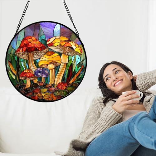 Colorful Mushroom Forest Stained Glass Window Hanging Suncatcher Gifts 15" - Image 2