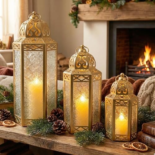 Vela Lanterns Decorative Outdoor & Indoor Tall Floor Candle Holders, Gold - Image 2